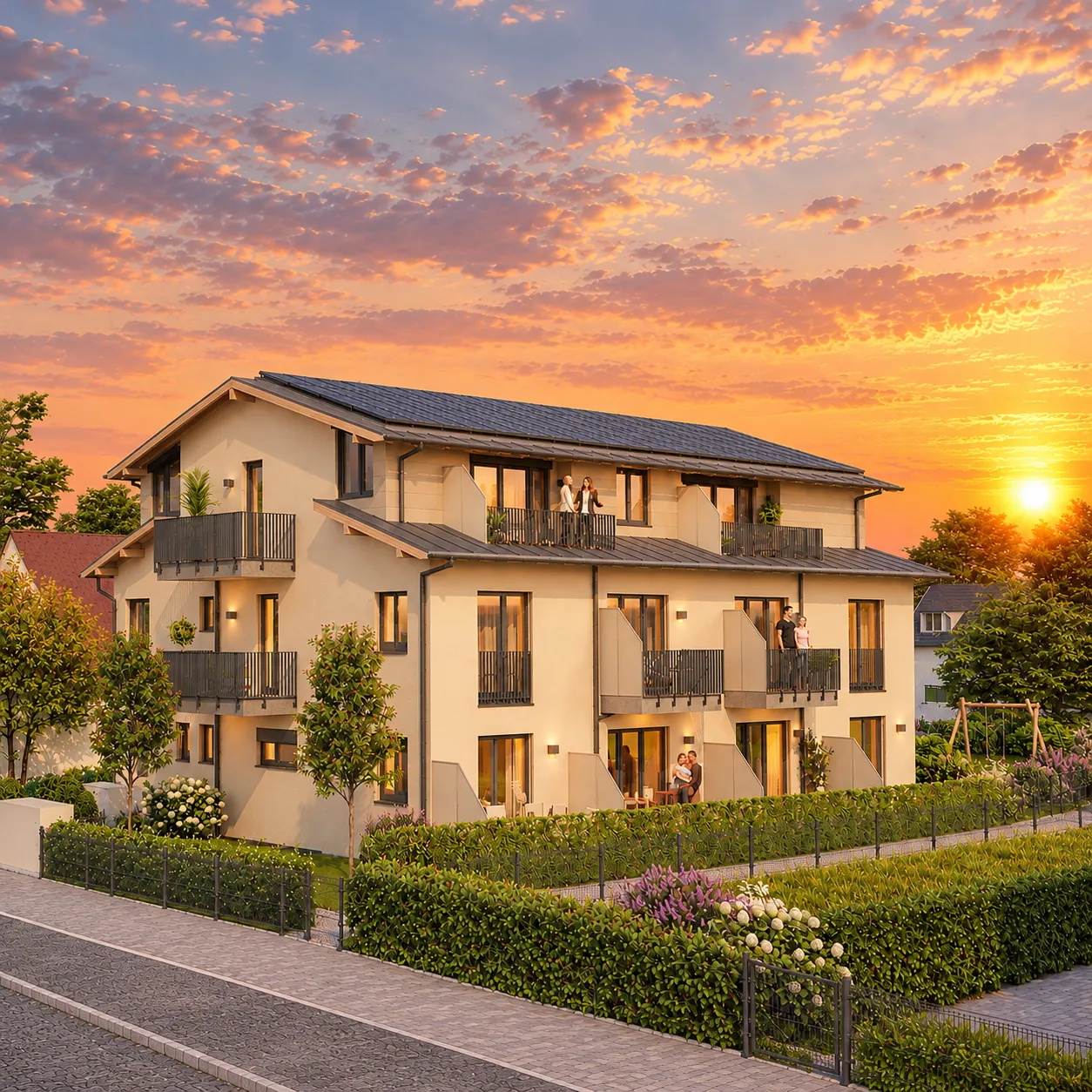 Mehrfamilienhaus mit Solardach, Balkonen und begrüntem Vorgarten im Abendlicht